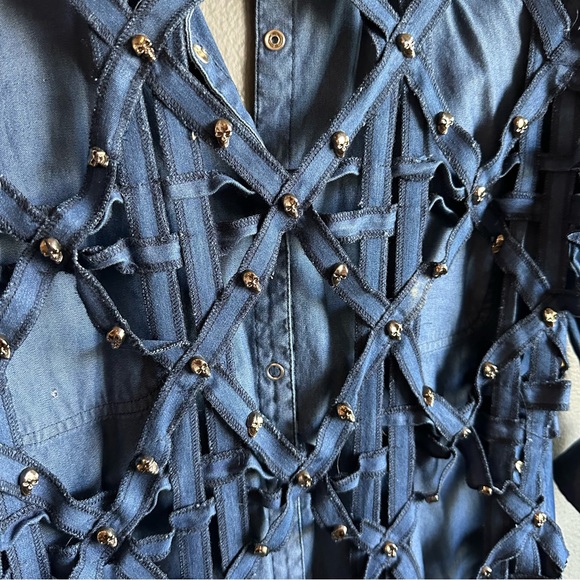 Blue denim LF cross back skull button down long sleeve shirt CARMAR - Picture 4 of 4